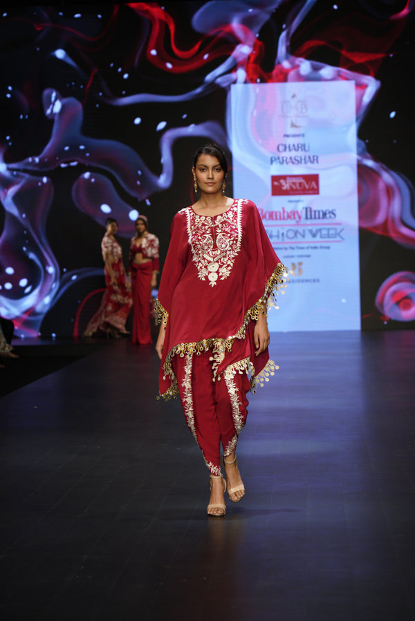 RED EMBROIDERED KAFTAN TOP WITH DHOTI