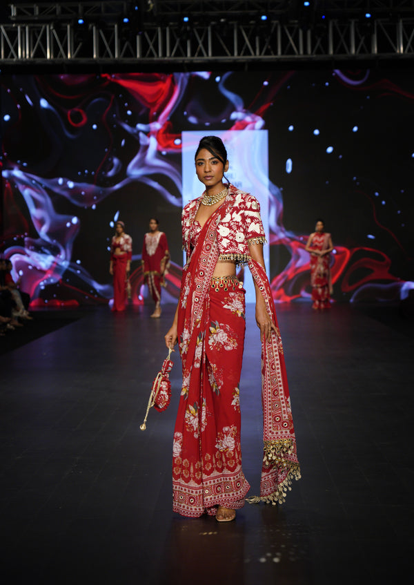 RED FLORAL PRINTED SAREE WITH BUSTIER AND BALERO JACKET