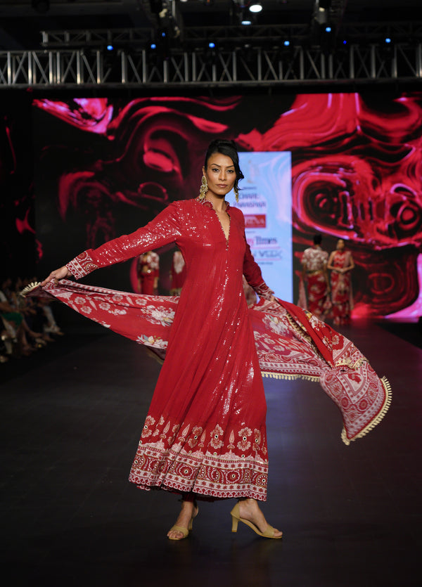 RED SEQUINS ANARKALI WITH CHURIDAR AND DUPATTA