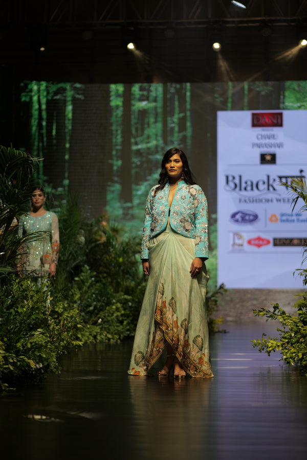 AQUA EMBROIDERED JACKET WITH PRINTED SKIRT