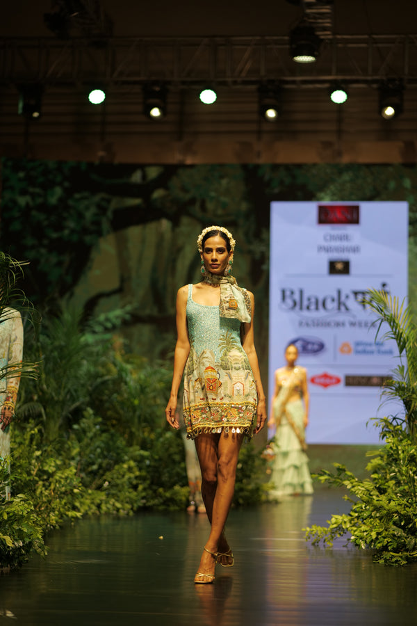 AQUA MUGHAL PRINTED SEQUINS SHORT DRESS
