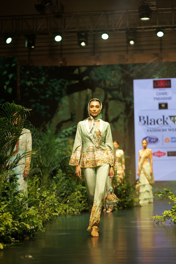 AQUA MUGHAL PRINTED/EMBROIDERED BLAZER WITH PANTS