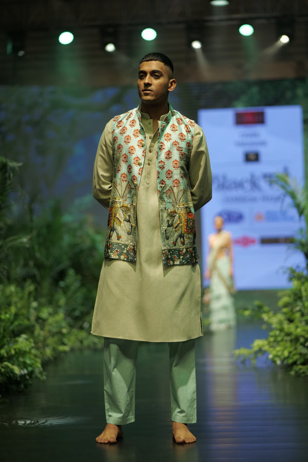 AQUA MUGHAL PRINTED WAISTCOAT WITH KURTA PYJAMA