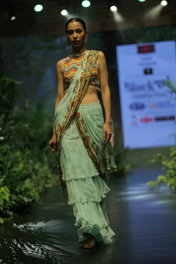 AQUA MUGHAL PRINTED RUFFLED SAREE WITH CHEVRON PRINTED BLOUSE