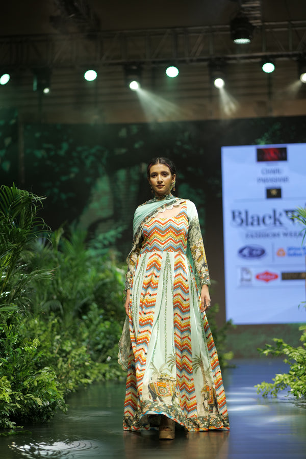 AQUA CHEVRON PRINTED ANARKALI WITH DUPATTA