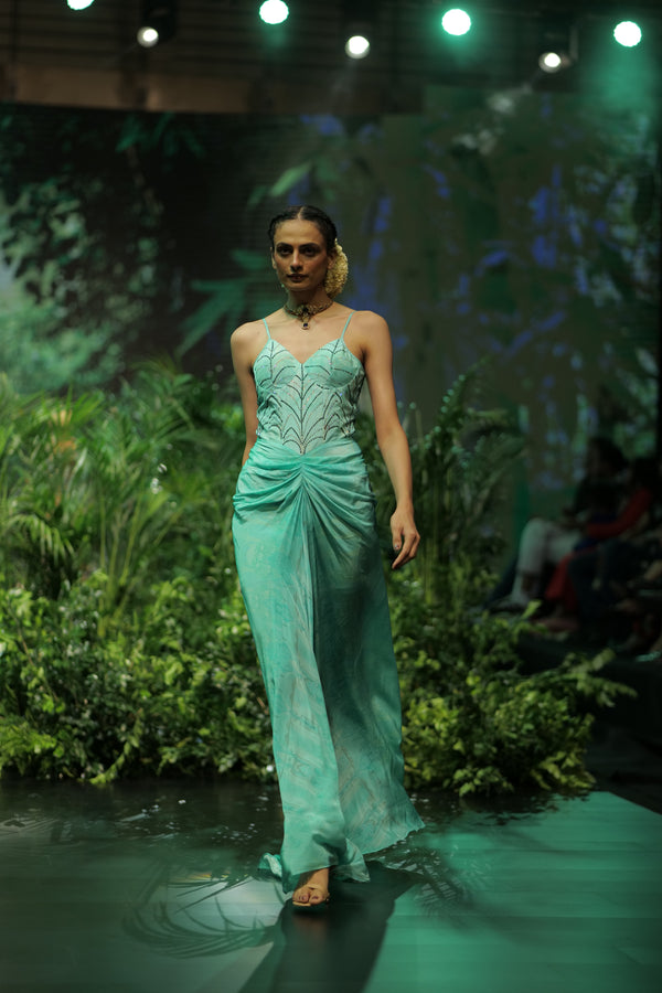 AQUA EMBROIDERED CORSET GOWN