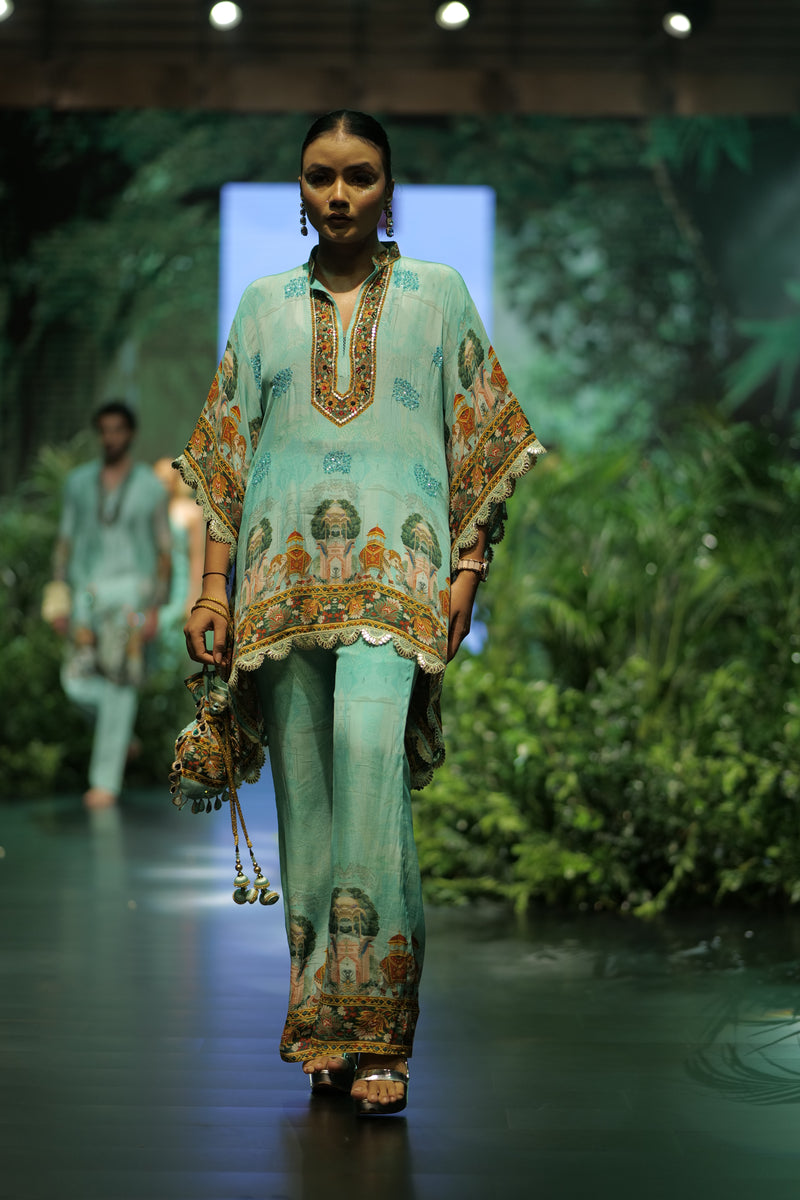 AQUA MUGHAL PRINTED KAFTAN TOP AND PANTS