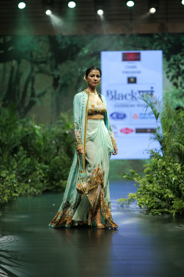 AQUA MUGHAL PRINTED HEAVY LONG JACKET WITH BUSTIER AND SKIRT