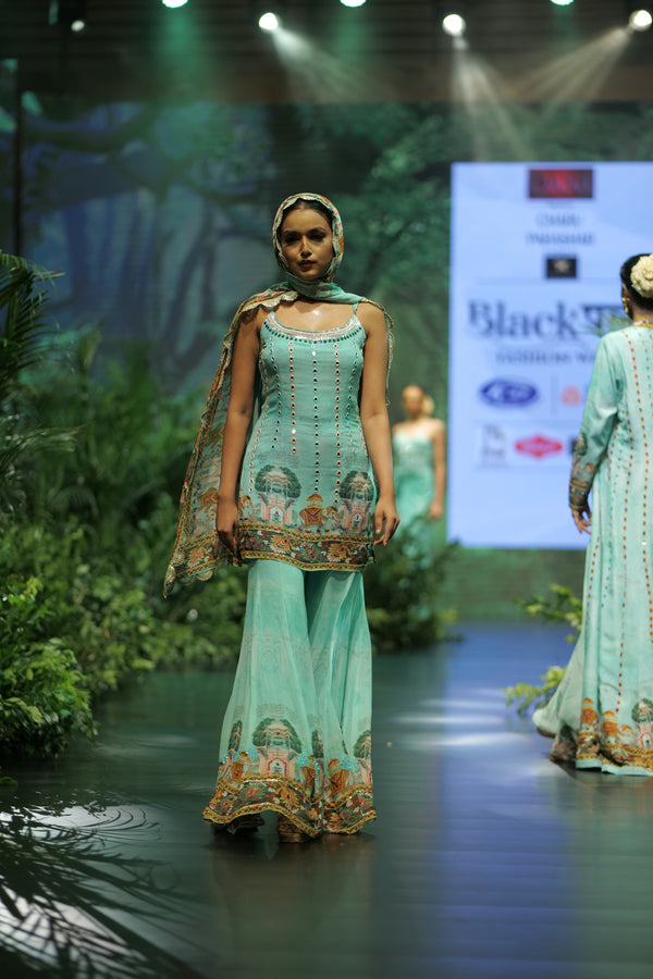 AQUA MUGHAL PRINTED STRAPPY SHARARA SET