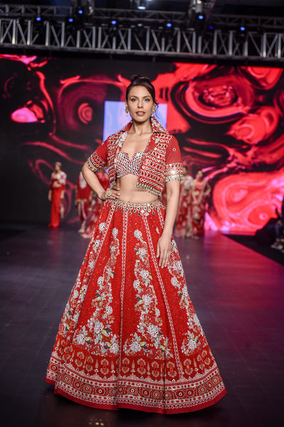 RED PRINTED LEHANGA WITH MIRRORWORK BUSTIER AND BALERO JACKET