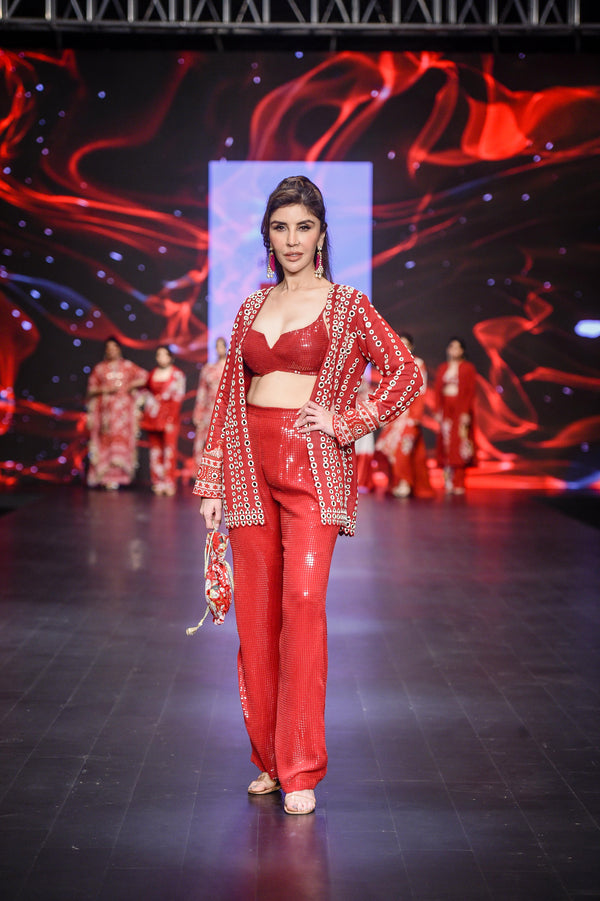 RED SEQUINS PANTS AND BUSTIER WITH MIRRORWORK JACKET
