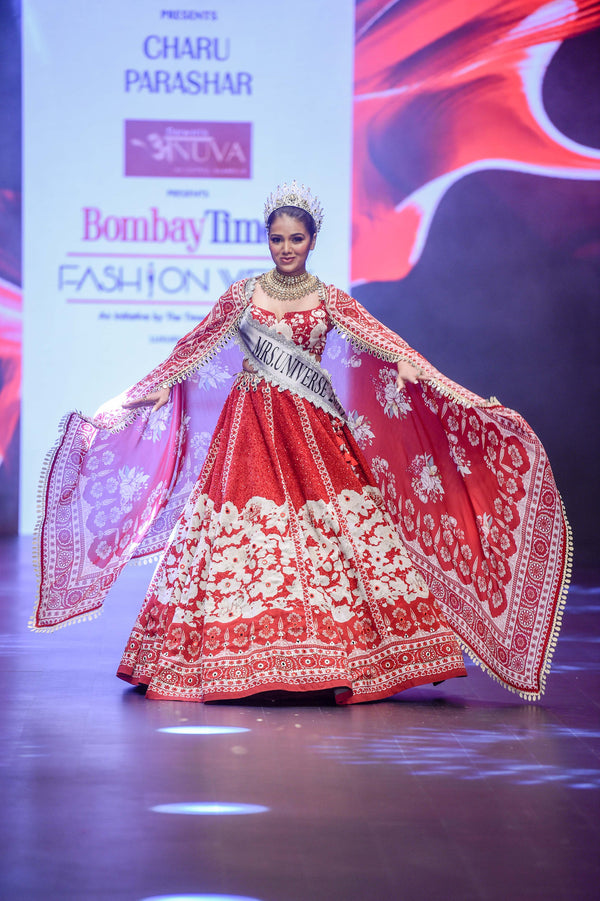 RED FLORAL PRINTED LEHENGA WITH BUSTIER AND DUPATTA