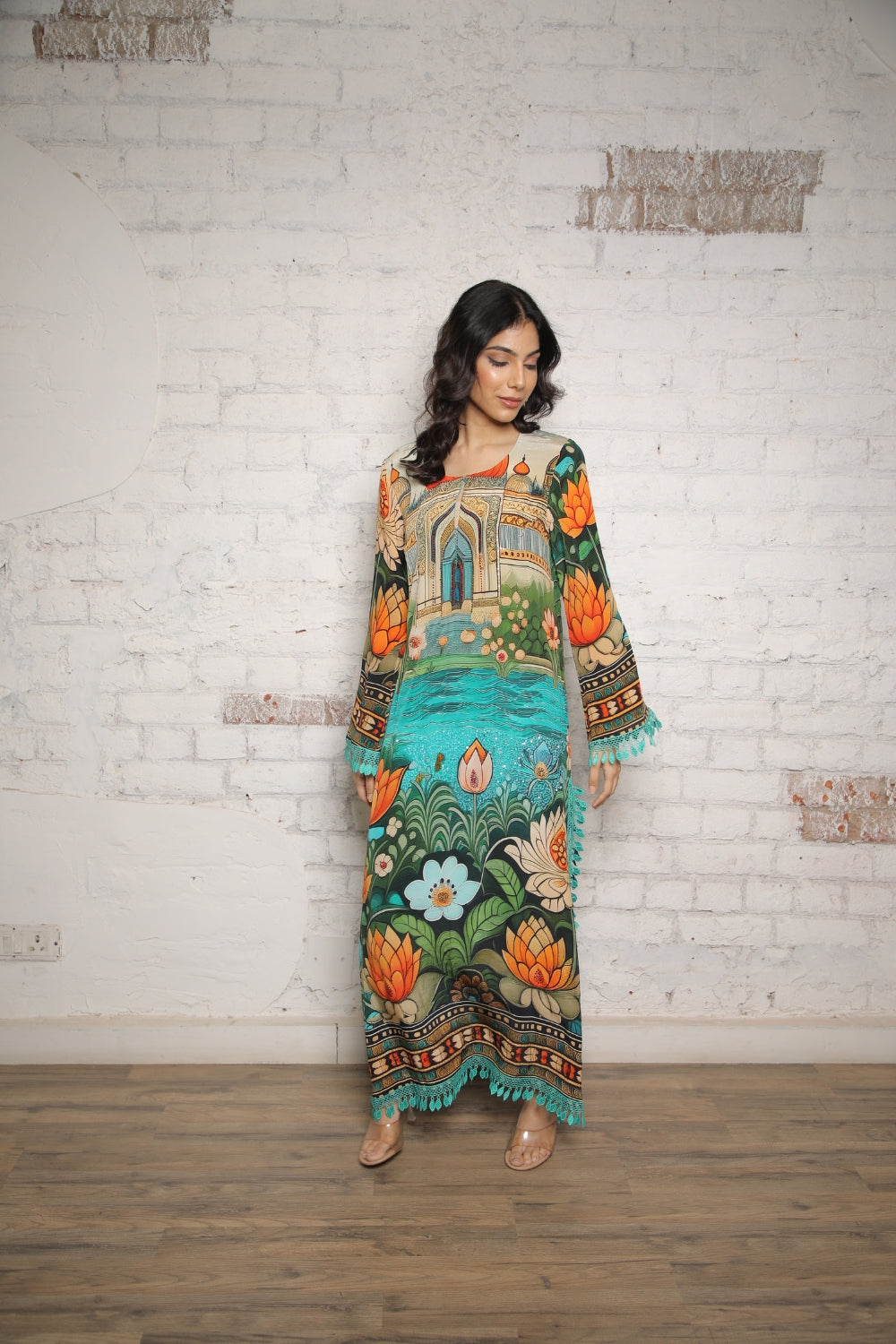 TEAL LOTUS PRINTED A- LINE KAFTAN