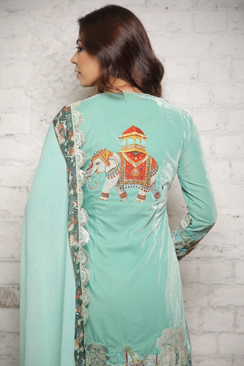 AQUA MUGHAL PRINTED FARSHI SALWAR WITH VELVET KURTA AND DUPATTA