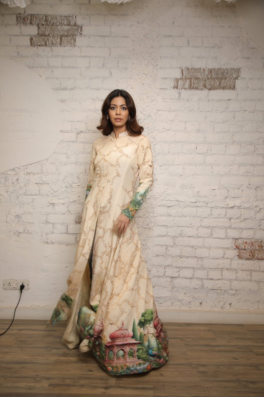 IVORY MUGHAL PRINTED SEQUINS LONG JACKET