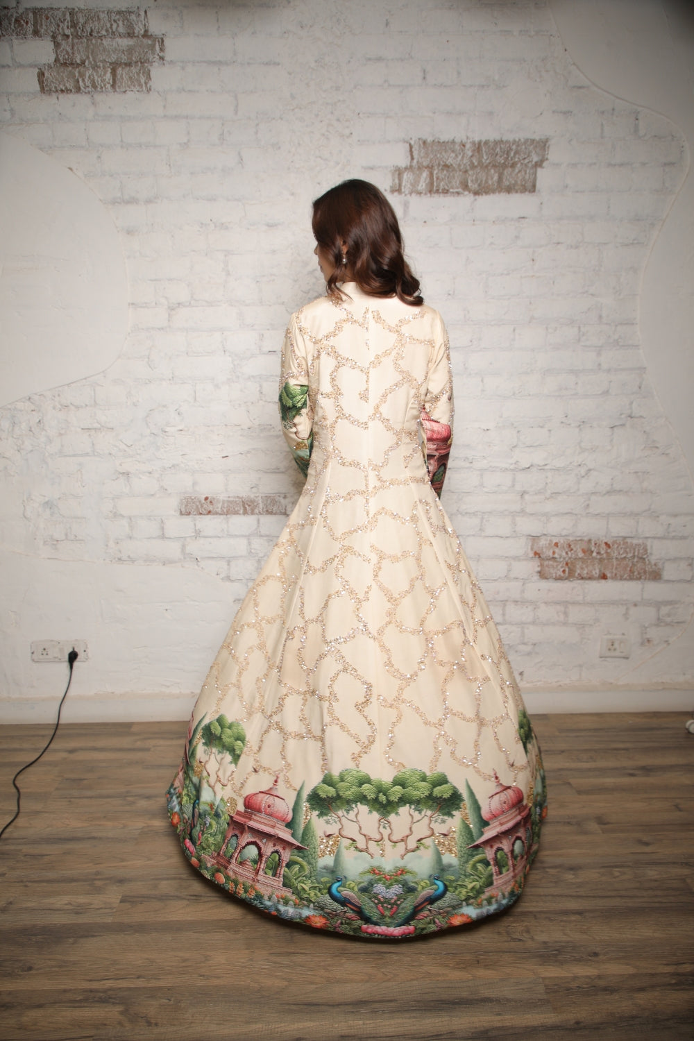 IVORY MUGHAL PRINTED SEQUINS LONG JACKET