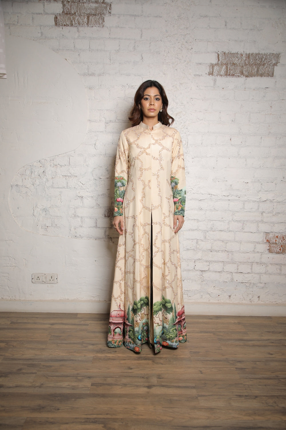 IVORY MUGHAL PRINTED SEQUINS LONG JACKET