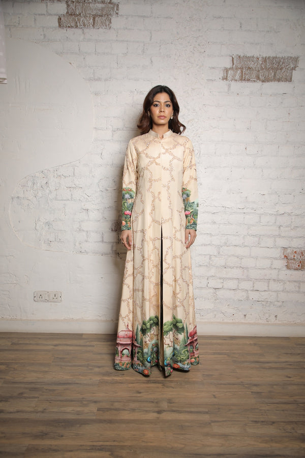 IVORY MUGHAL PRINTED SEQUINS LONG JACKET