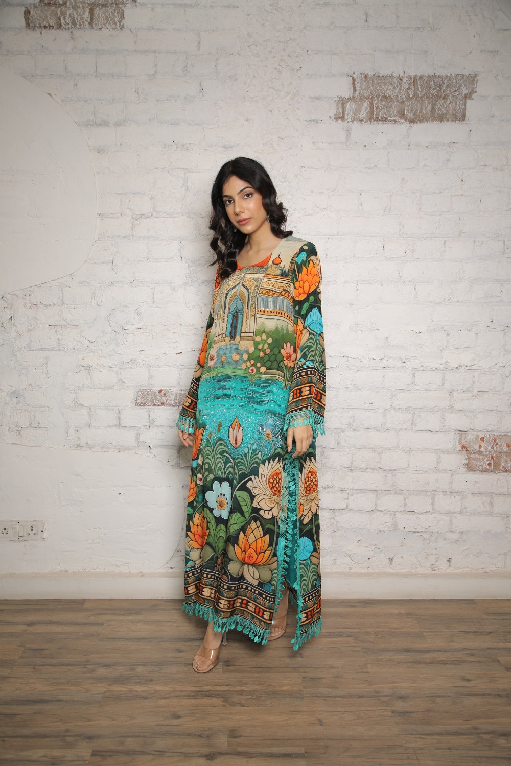 TEAL LOTUS PRINTED A- LINE KAFTAN