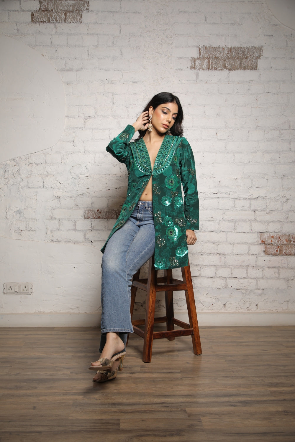 DARK GREEN SELF PRINT/ EMBELISHED JACKET