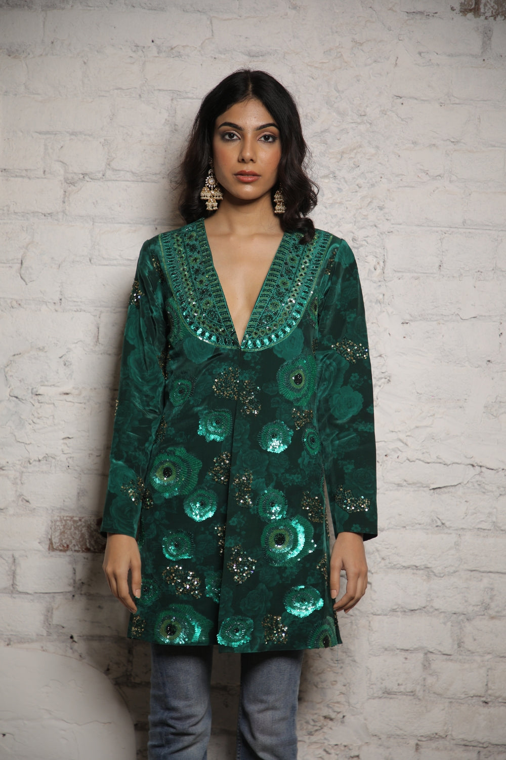 DARK GREEN SELF PRINT/ EMBELISHED JACKET