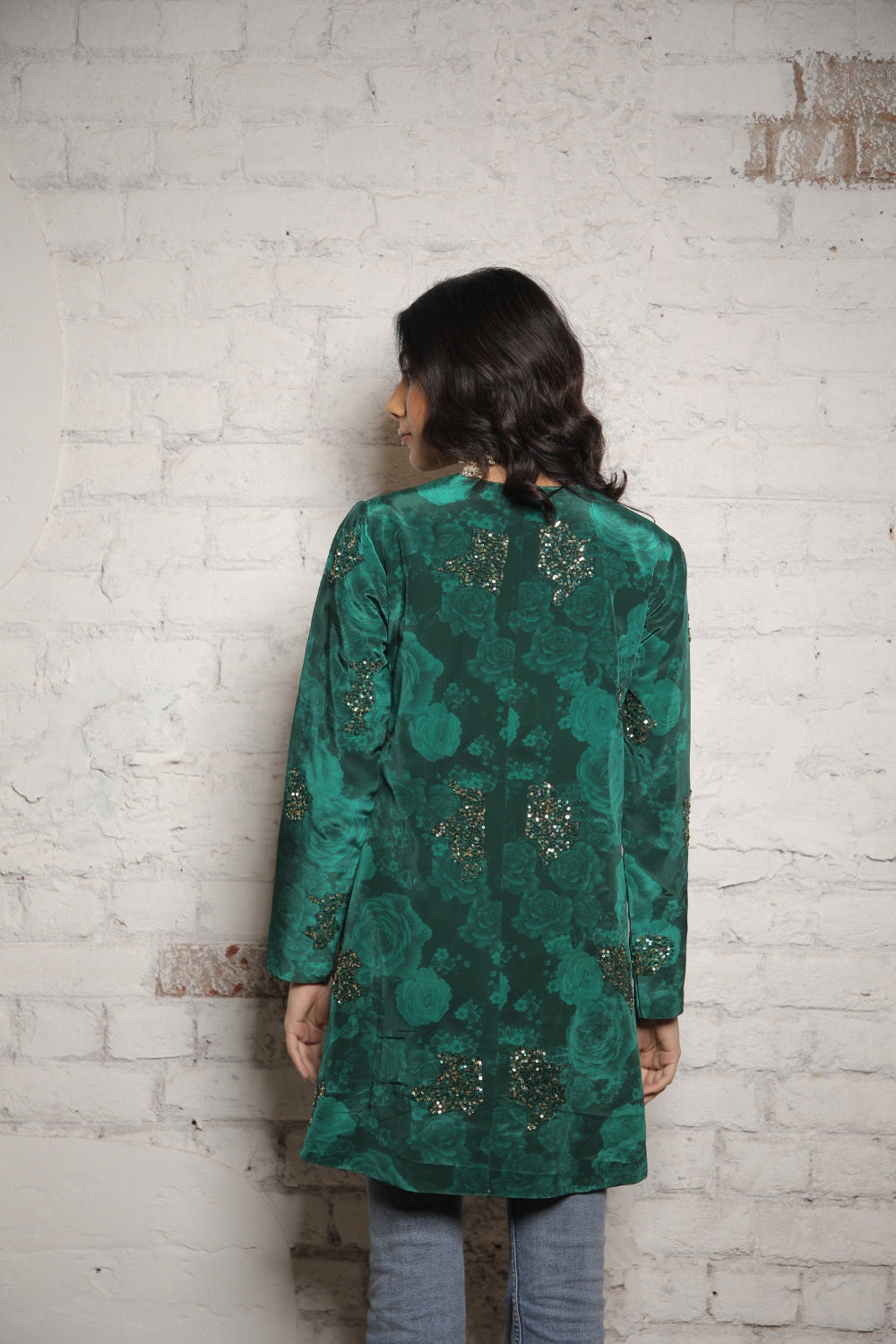 DARK GREEN SELF PRINT/ EMBELISHED JACKET