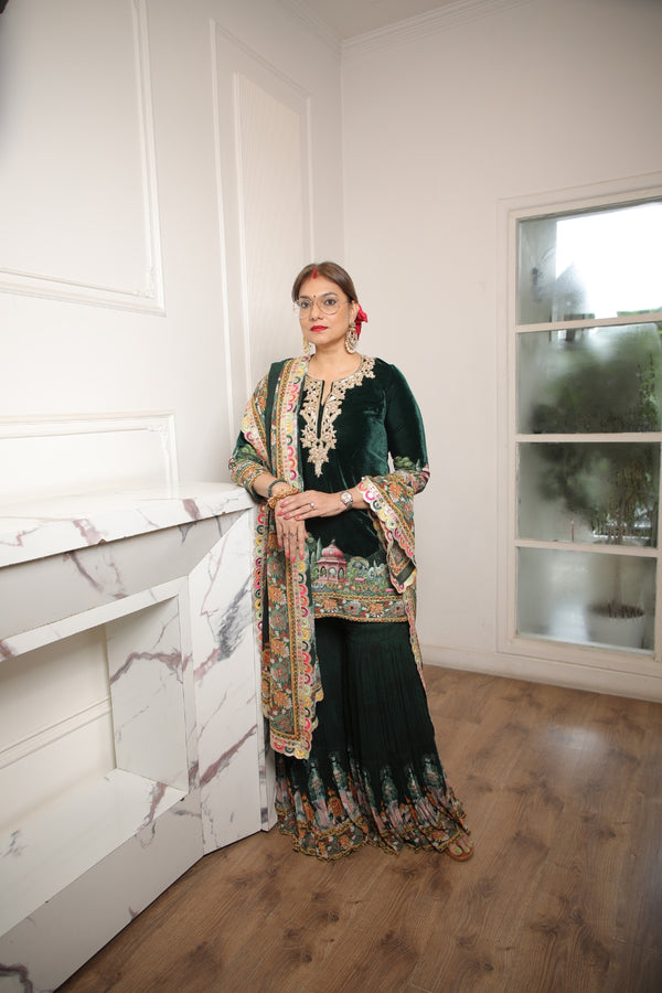 DARK GREEN MUGHAL PRINTED VELVET SHARARA SET