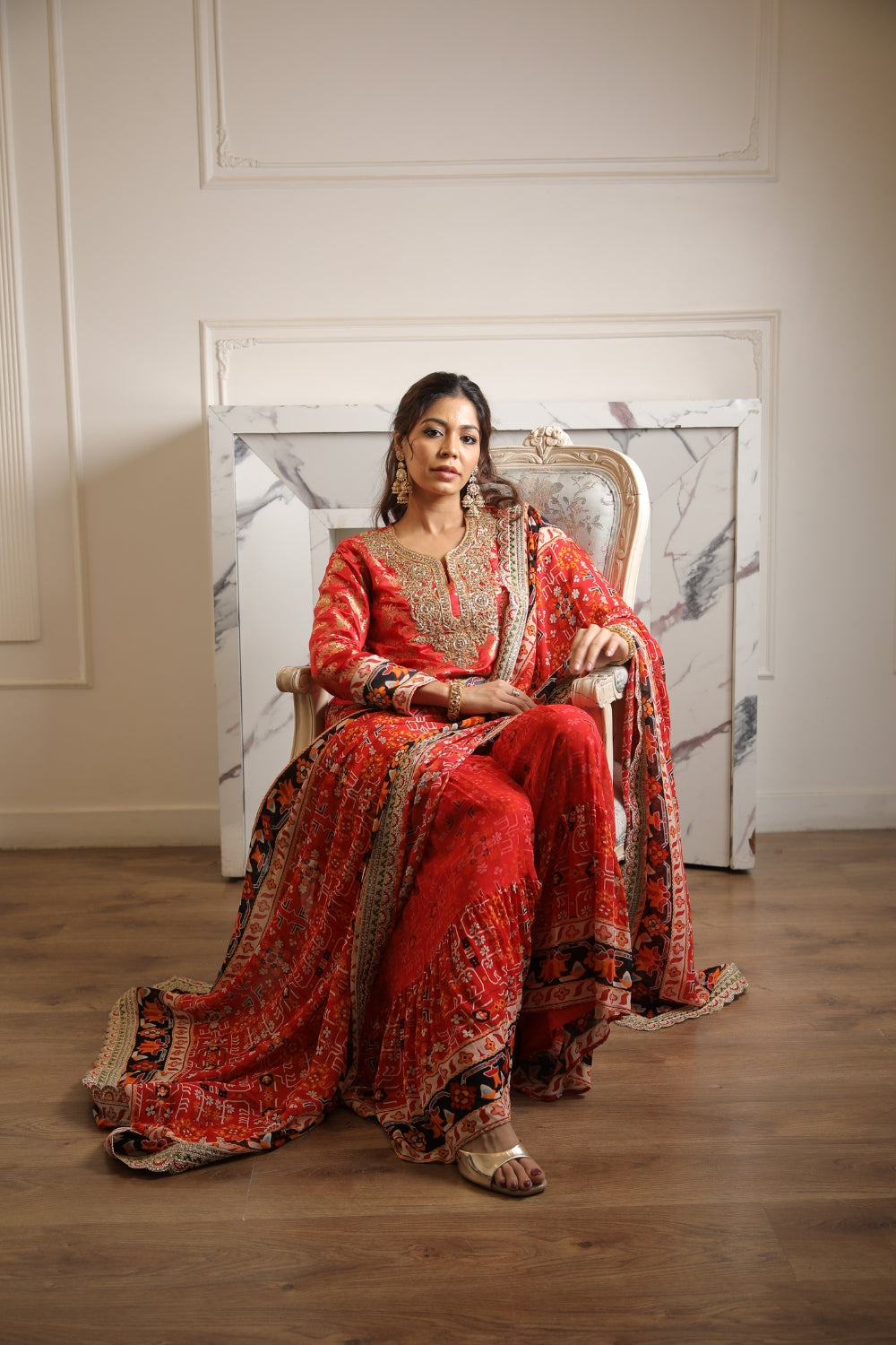 RED IKKAT PRINTED BROCADE SHARARA SET
