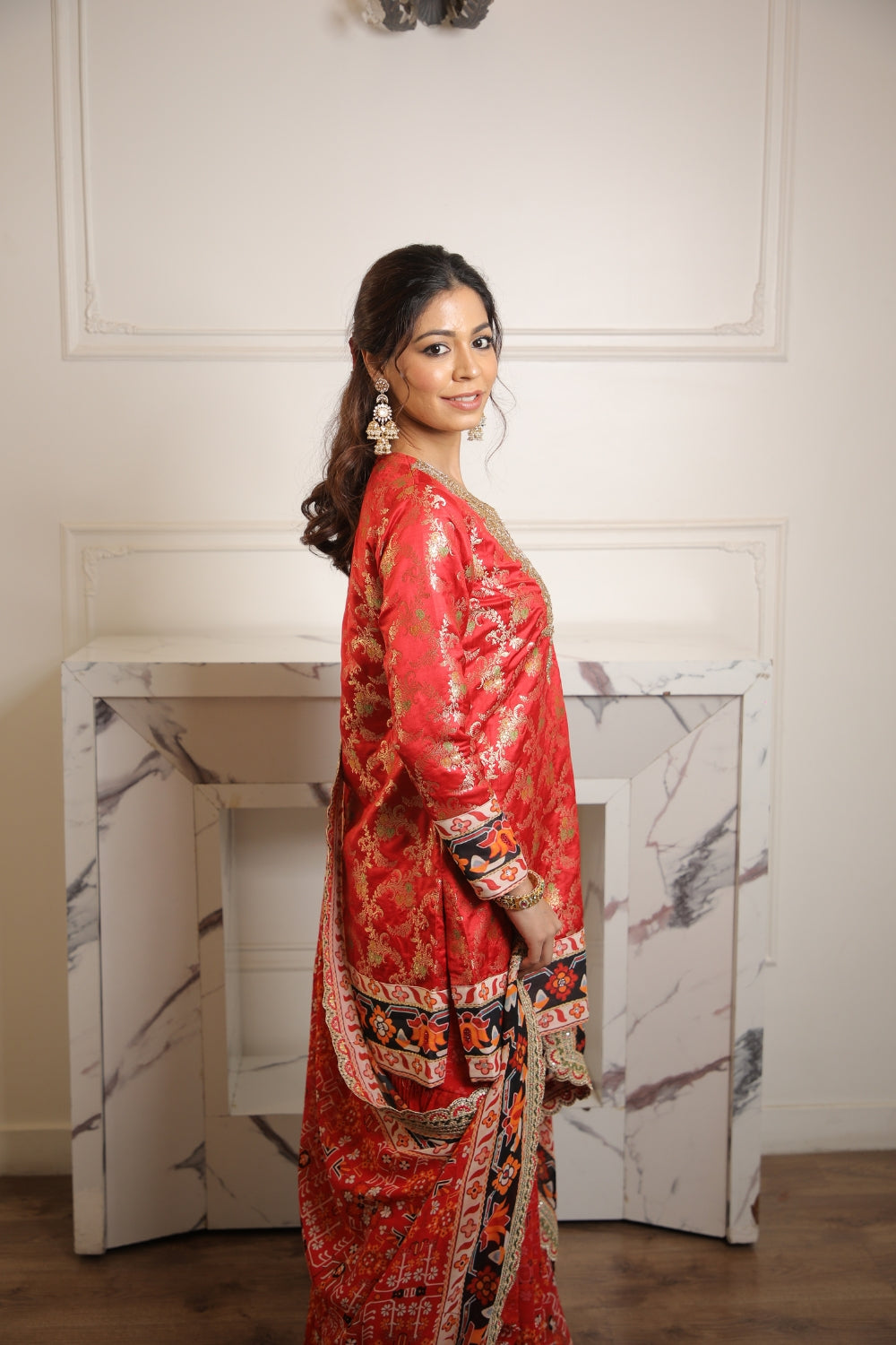 RED IKKAT PRINTED BROCADE SHARARA SET
