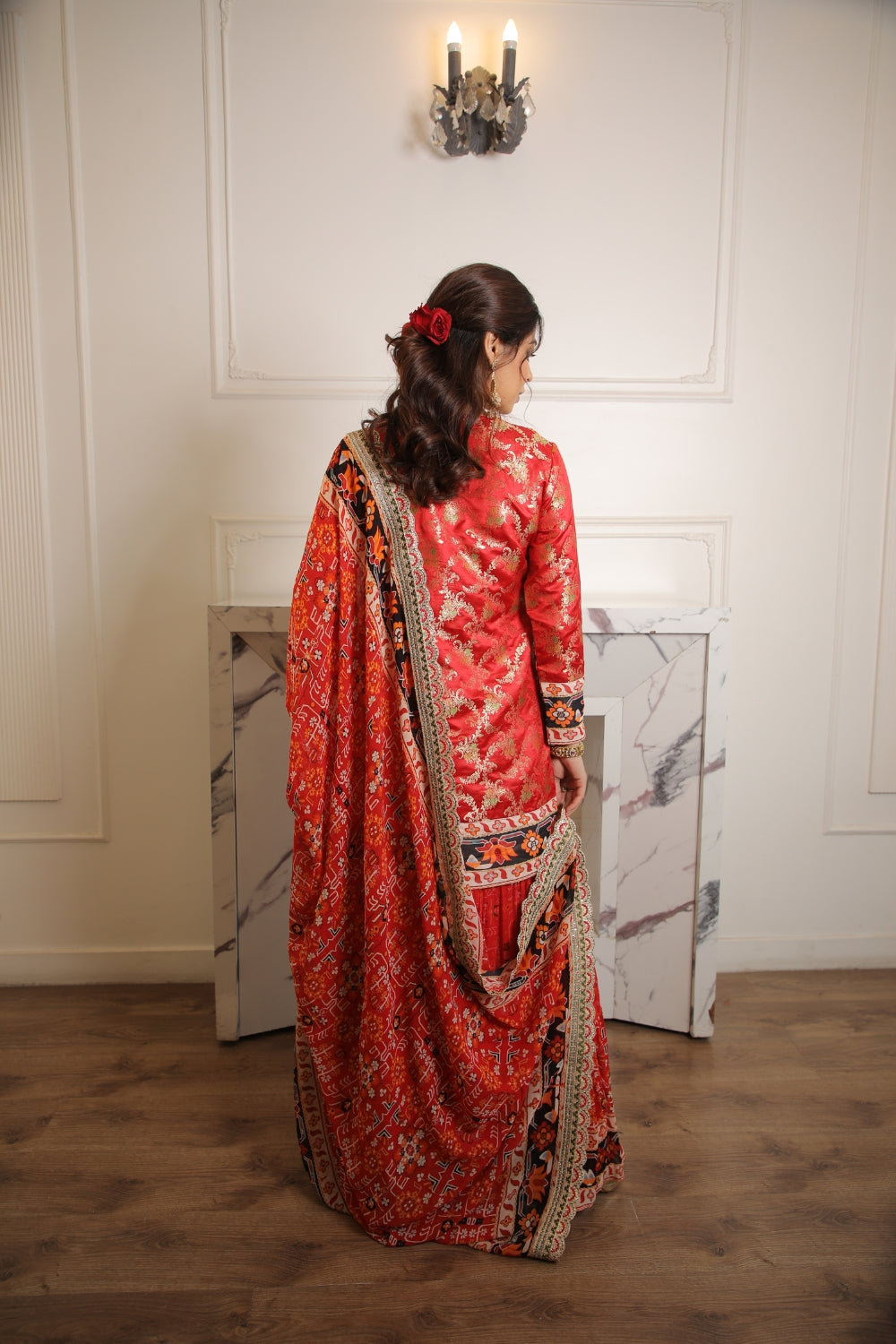 RED IKKAT PRINTED BROCADE SHARARA SET