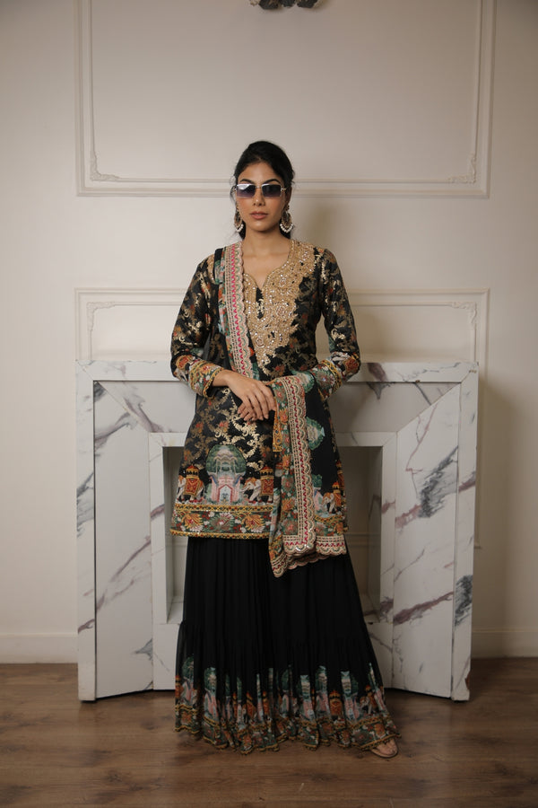 BLACK MUGHAL PRINTED BROCADE SHARARA SET