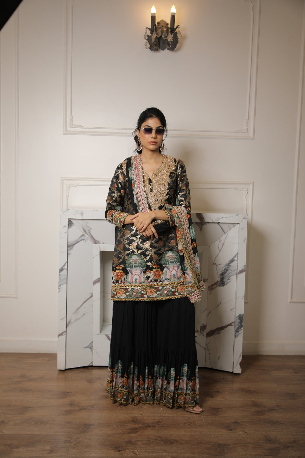 BLACK MUGHAL PRINTED BROCADE SHARARA SET