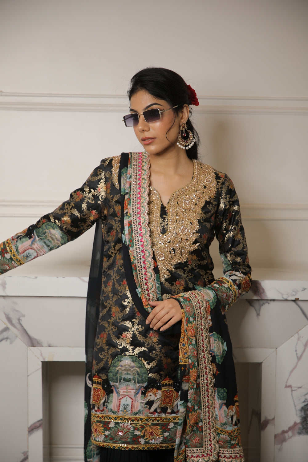 BLACK MUGHAL PRINTED BROCADE SHARARA SET