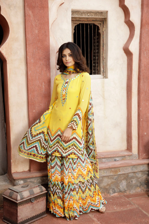 yellow Printed Kurta and Sharara Set