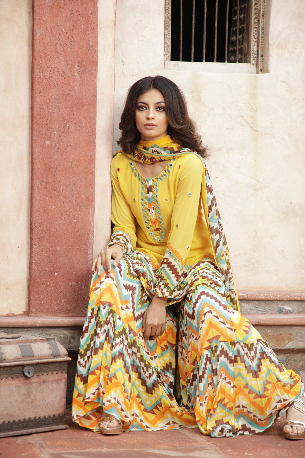 yellow Printed Kurta and Sharara Set