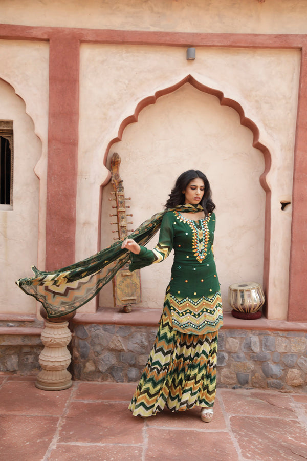 Deep Green Printed Kurta and Sharara Set