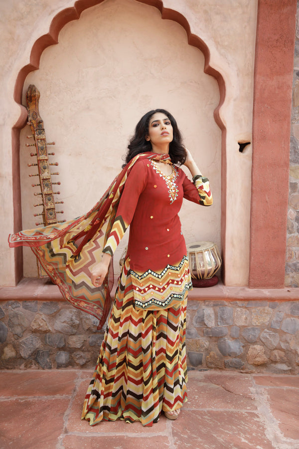 Red Printed Kurta and Sharara Set