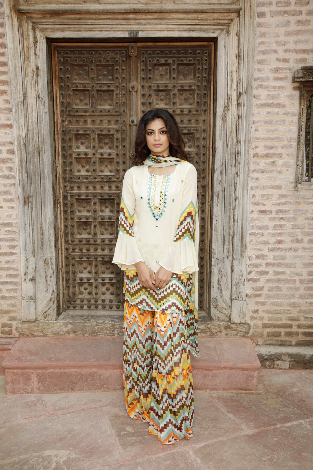 Cream Printed Kurta and Sharara Set