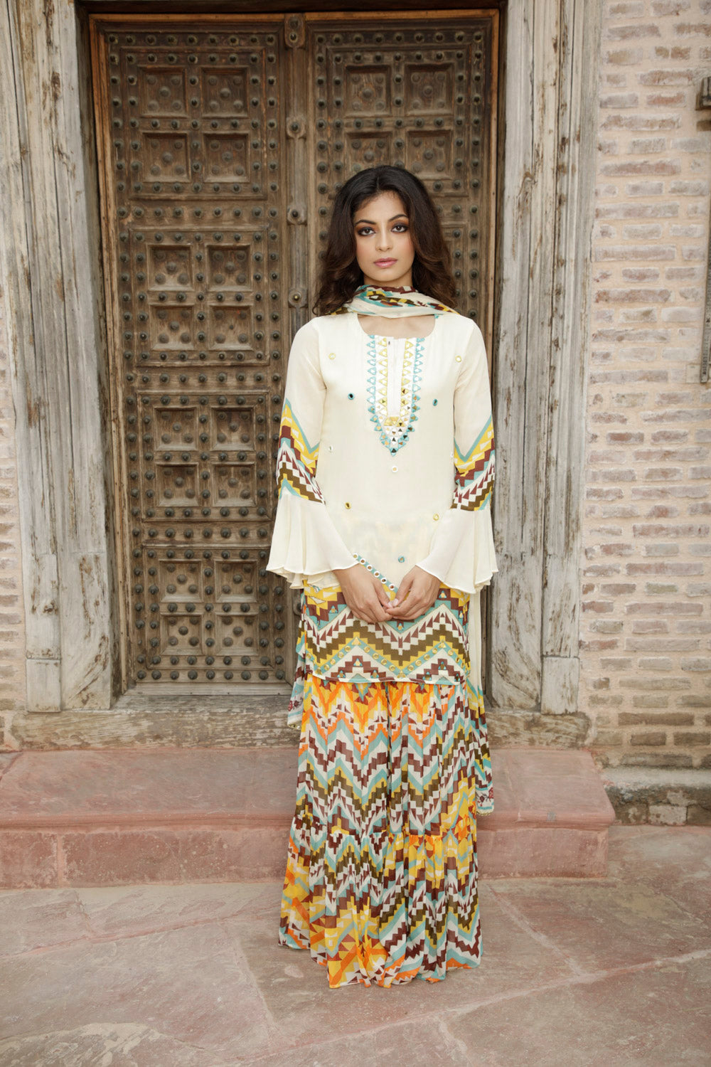 Cream Printed Kurta and Sharara Set