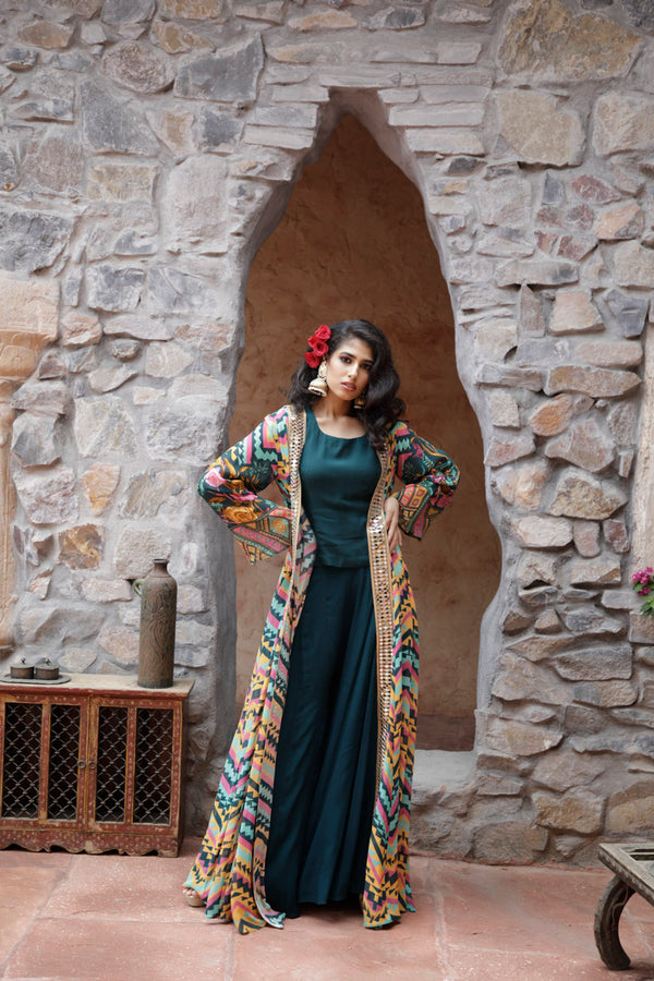Teal Printed Cape with Top and Sharara