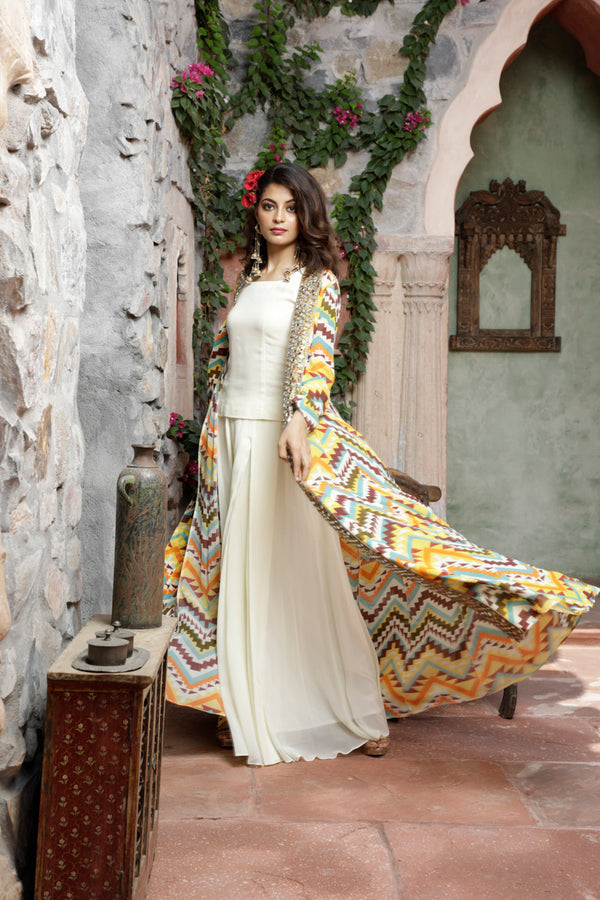Cream Printed Cape with Top and Sharara