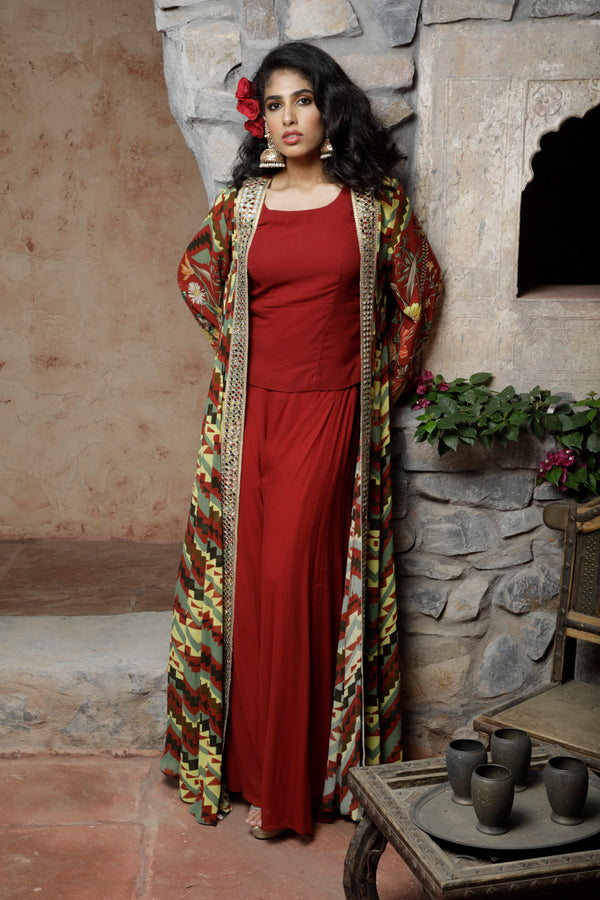 Red Printed Cape with Top and Sharara