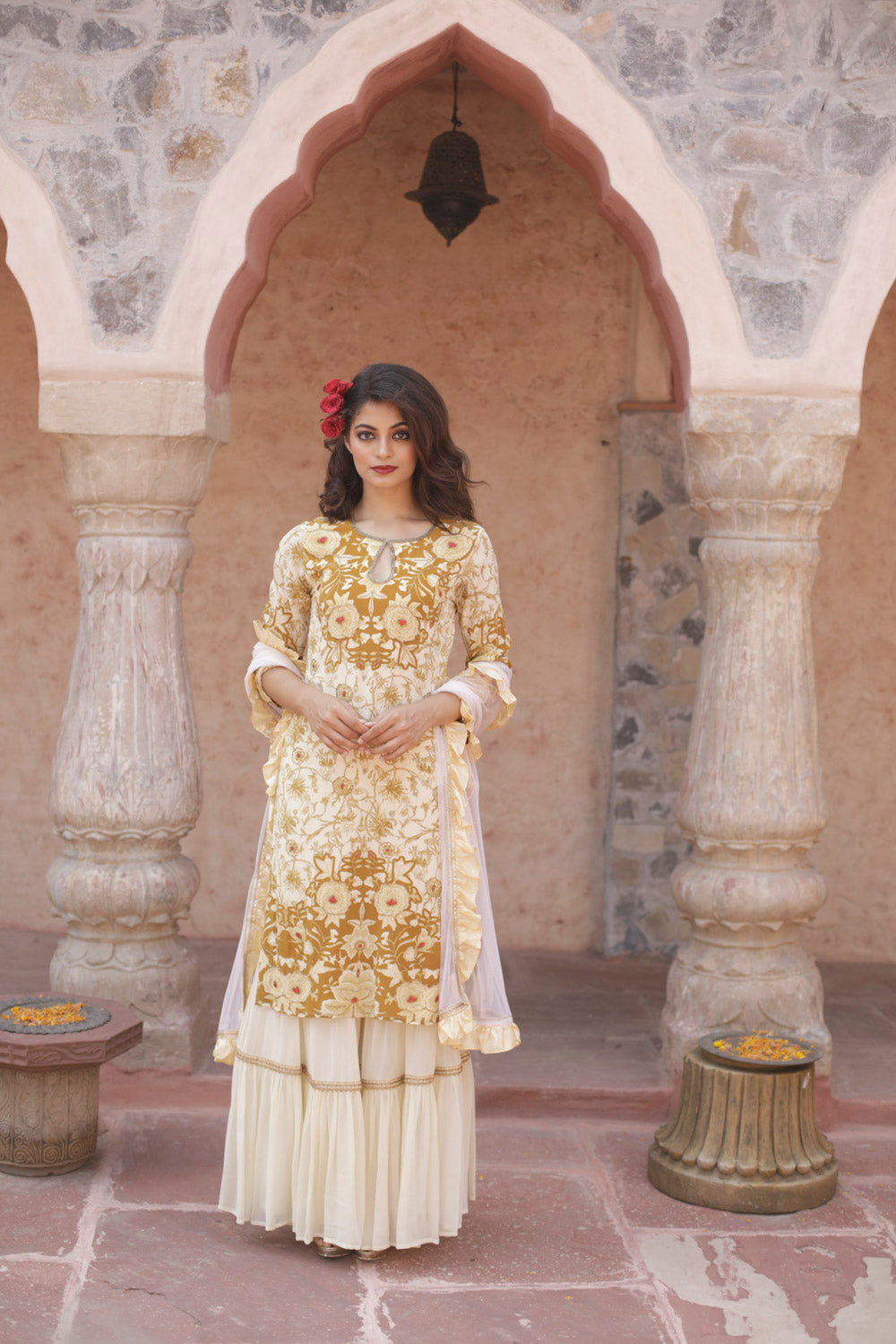 Cream and Brown Printed Kurta with Sharara and Dupatta