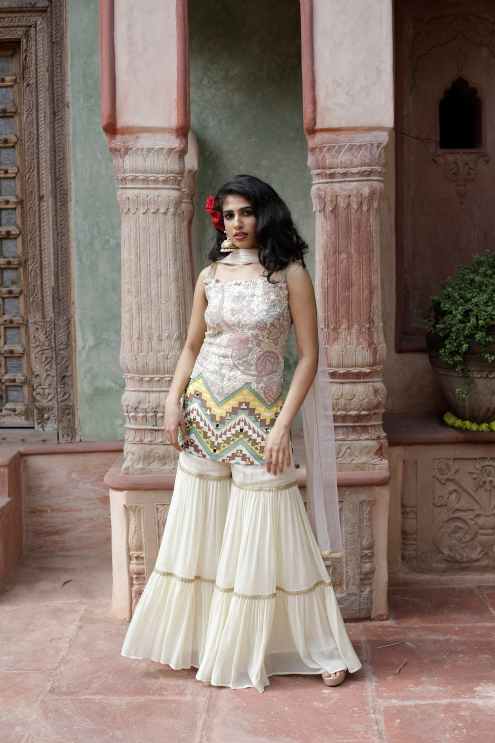 Cream Printed Kurta with Sharara and Dupatta