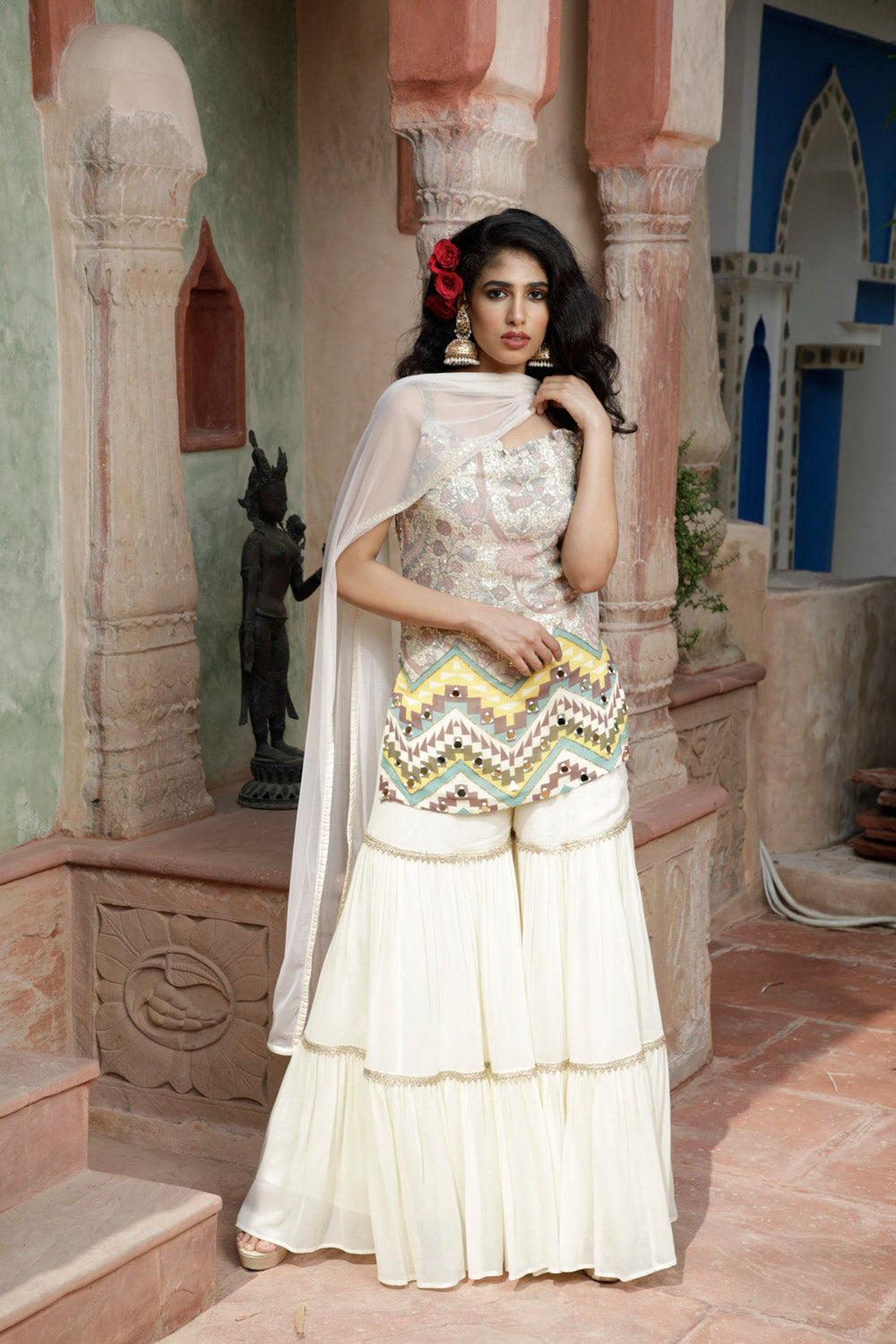 Cream Printed Kurta with Sharara and Dupatta