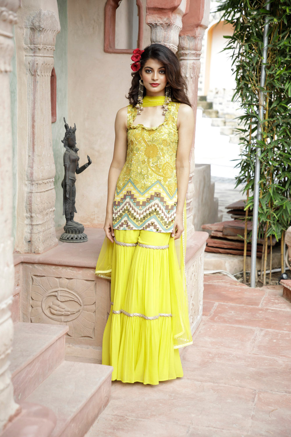 Yellow Printed Kurta with Sharara and Dupatta