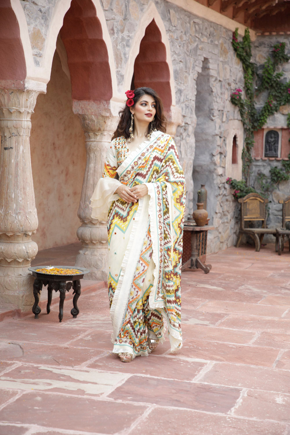 Cream Printed Saree with Blouse