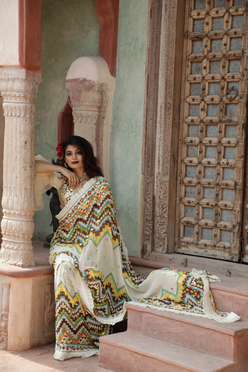 Cream Printed Saree with Blouse