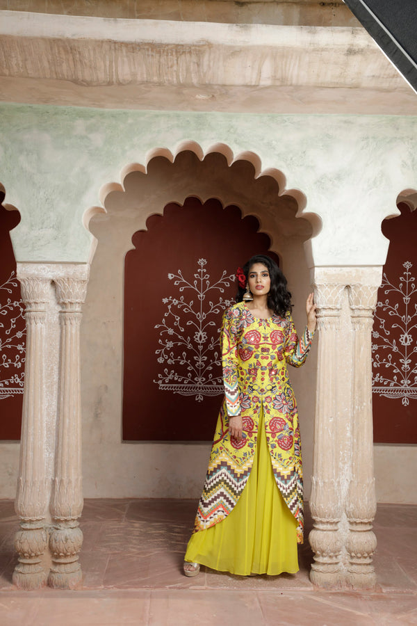 Yellow Printed Front Open Cape with Sharara