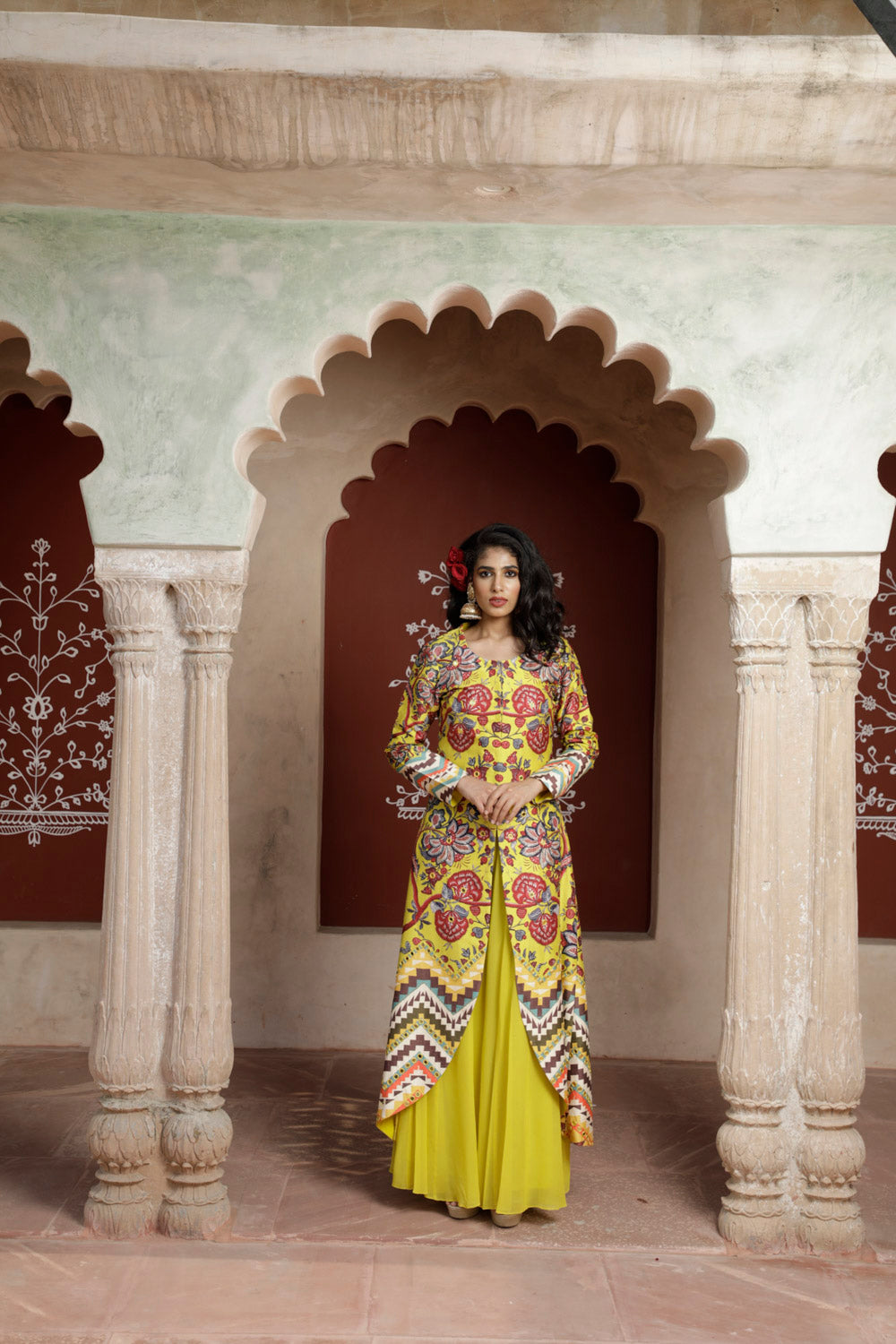 Yellow Printed Front Open Cape with Sharara